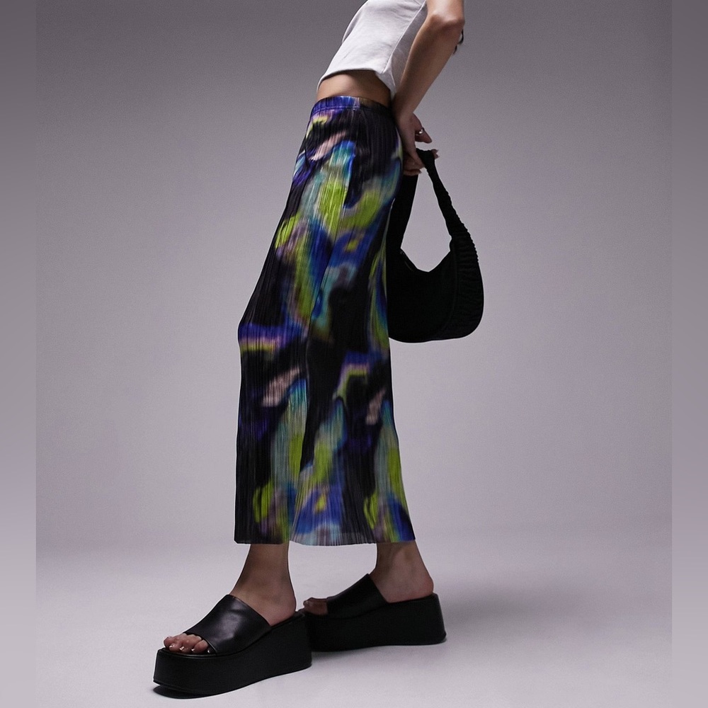 Topshop acid tie dye plisse jersey midi skirt, medium